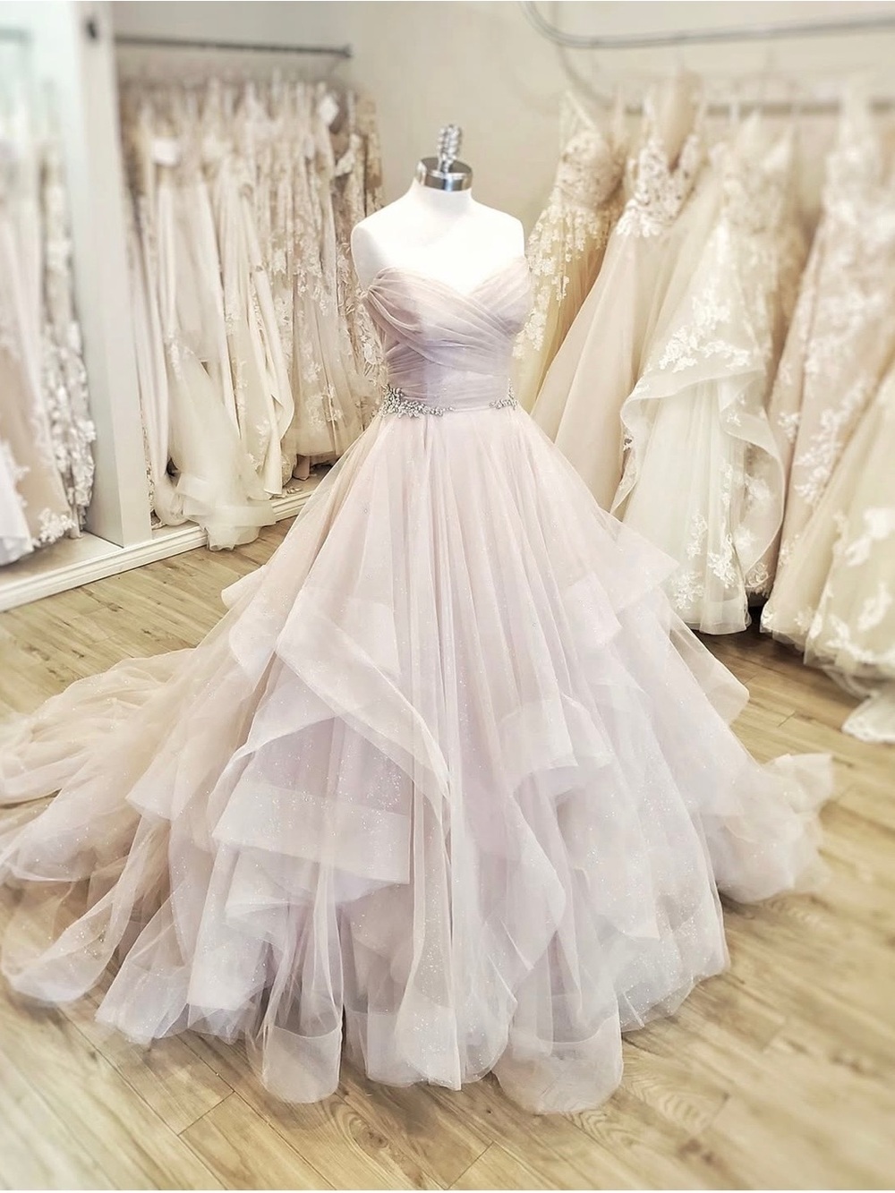 Maggie Sottero Blush Strapless Ball Gown with Layered Tulle